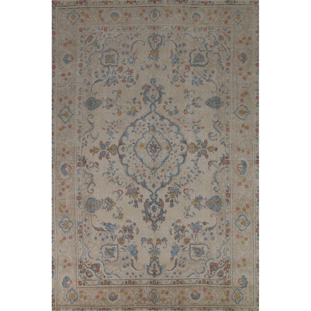 Tabriz Persian Area Rug Beige Floral Handmade Wool Carpet - 7'10"x 11'1"