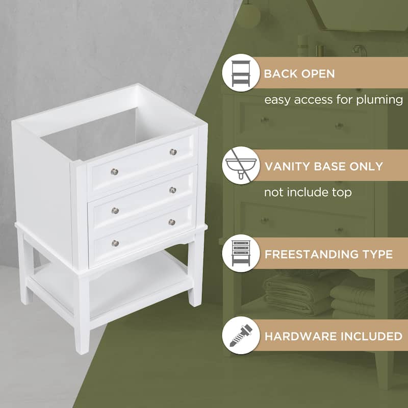 Roomfitters 24" Bathroom Vanity without Sink, Base Only, Cabinet with Drawer and Open Shelf, Solid Wood Frame, White