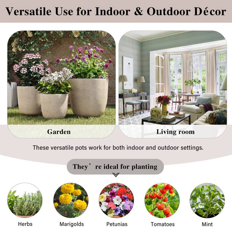 Lightweight Matte Textured MGO Flower Pot Set of 3,Round Concrete Stackable Planter with Drainage Holes and Rubber Plug