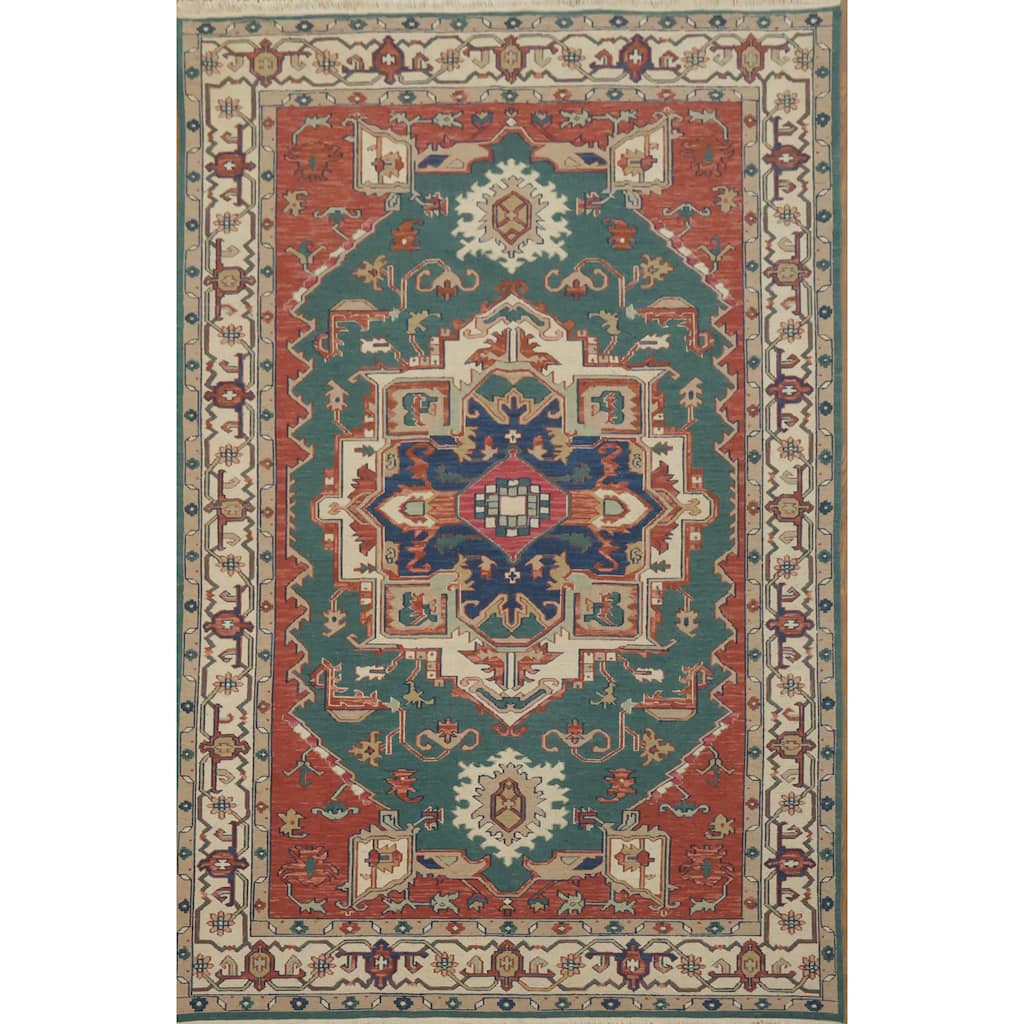 Hand Knotted Oriental 100% Wool Carpet Traditional Geometric Green Heriz (serapi) Area Rug - 8' 9'' X 5' 9''