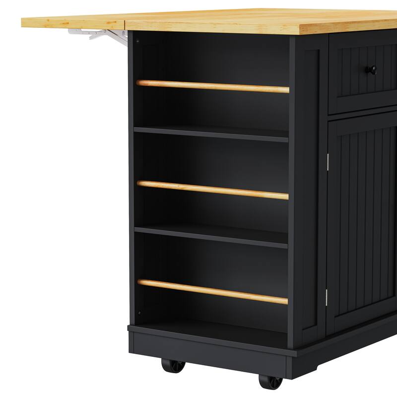 Large Rolling Kitchen Island with Open Side Racks, Wood Spice Storage Cabinet wDrop Leaf, Power Outlet and Internal Storage Rack