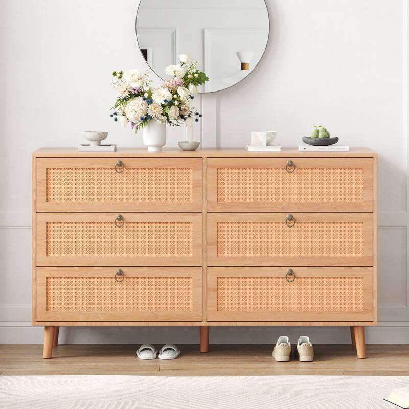 Rattan 6 Drawer Double Dresser for Bedroom, Chest of Dressers, Modern Dresser Drawer Chest