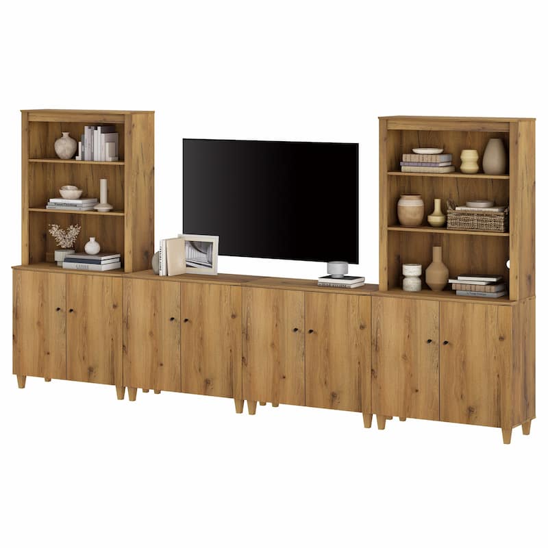 WAMPAT Modern Entertainment Center with Bookshelves for 75" TVs - 4 Cabinets - Oak Brown