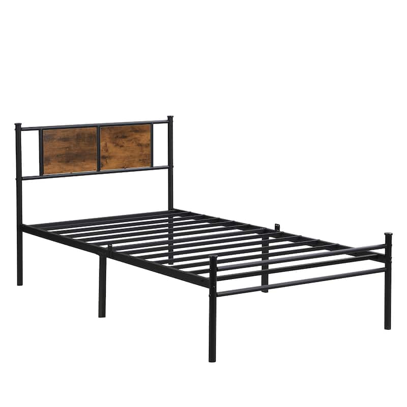 Queen Size Metal Bed Frame with Wood Panel Headboard, Sturdy Steel Structure, Under-Bed Storage, No Box Spring Needed