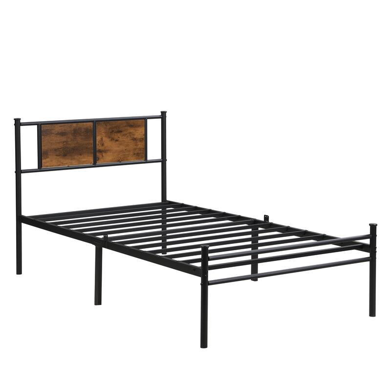 Twin Size Metal Platform Bed with Wood Panel Headboard and Under-Bed Storage