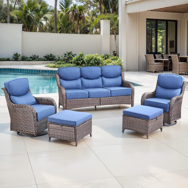 Gymojoy 5-Piece Patio Furniture Set with Swivel Glider Chairs, 6-Inch Ultra-Plush Cushions & Water-Resistant Olefin Fabric - Brown Wicker / Blue Cusion - 5-Piece