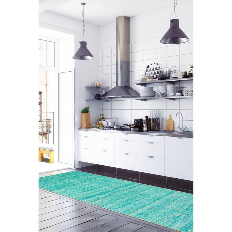 ECARPETGALLERY Hand-knotted Silk Shadow Aqua Wool Rug - 2'6 x 8'0
