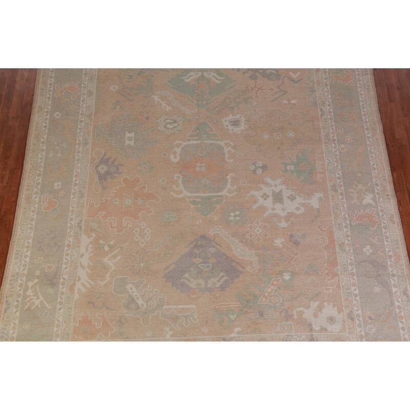 Hand Knotted Oriental 100% Wool Carpet Transitional All-Over Peach Oushak Area Rug - 12' 0'' X 9' 1''