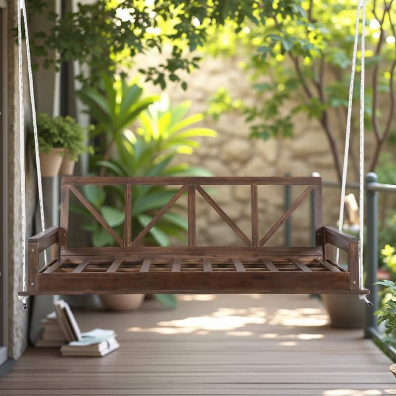 Acacia Wood Twin Size Porch Swings Bed with 16.4ft Hemp Ropes Outdoor Hanging Daybed, 350lb Capacity - Brown