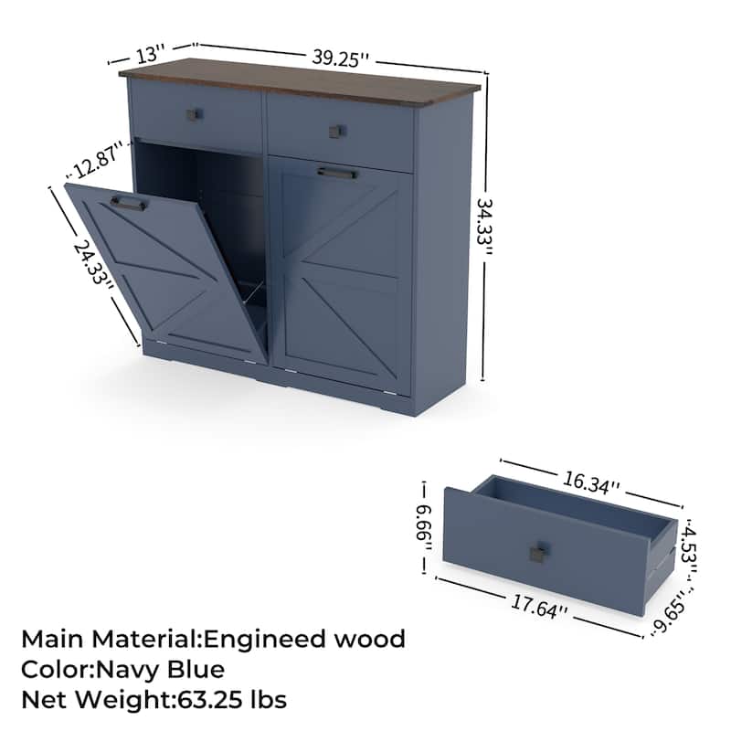 Farmhouse Double Tilt Out Trash Cabinet, Free Standing Recycling Cabinet with Hideaway Drawer, Barn Door Laundry Sorter Cabinet