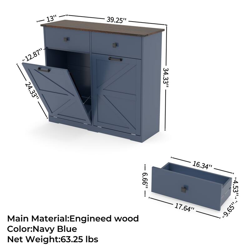 Farmhouse Double Tilt Out Trash Cabinet for Two 10 Gallon Bins, Barn Door Recycling Cabinet with Drawer Storage