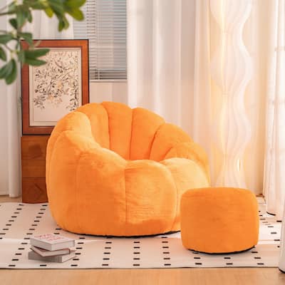 Faux Fur Shell-Shaped Deep Seat Bean Bag Chair, High-Density Foam Lazy Sofa with Ottoman, Large Fluffy Accent Sofa Chair