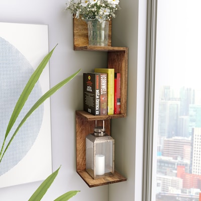 Sagebrook Home Neutral Modern Mange Wood Brown Zig Zag Corner Wall Shelf - 8" x 8" x 33" - 8" x 8" x 33"