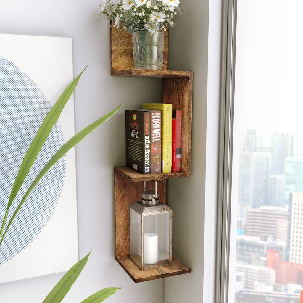Sagebrook Home Neutral Modern Mange Wood Brown Zig Zag Corner Wall Shelf - 8" x 8" x 33" - 8" x 8" x 33"