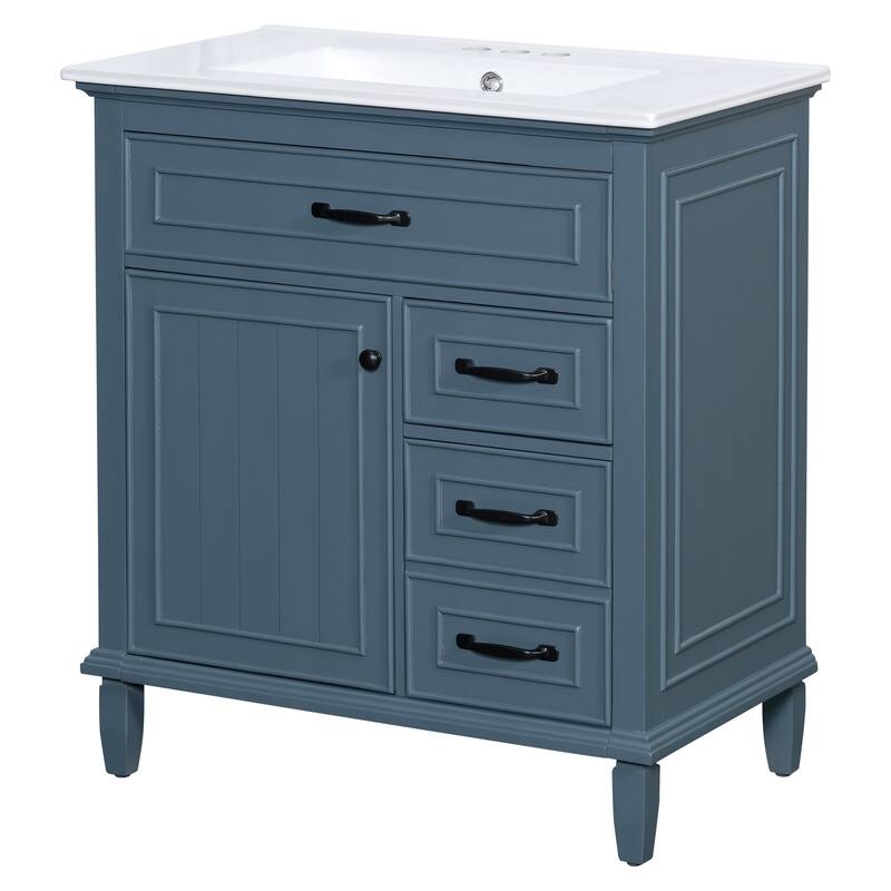 30 Inch Bathroom Vanity with Ceramic Sink Top, Flip Drawers, Freestanding Storage Cabinet (Faucet Not Included)