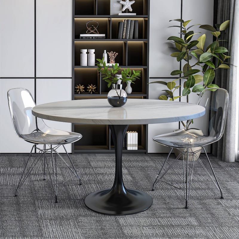 LeisureMod Verve Modern Round Dining Table with Resin TableTop and Black Pedestal Base for Kitchen & Dining Room
