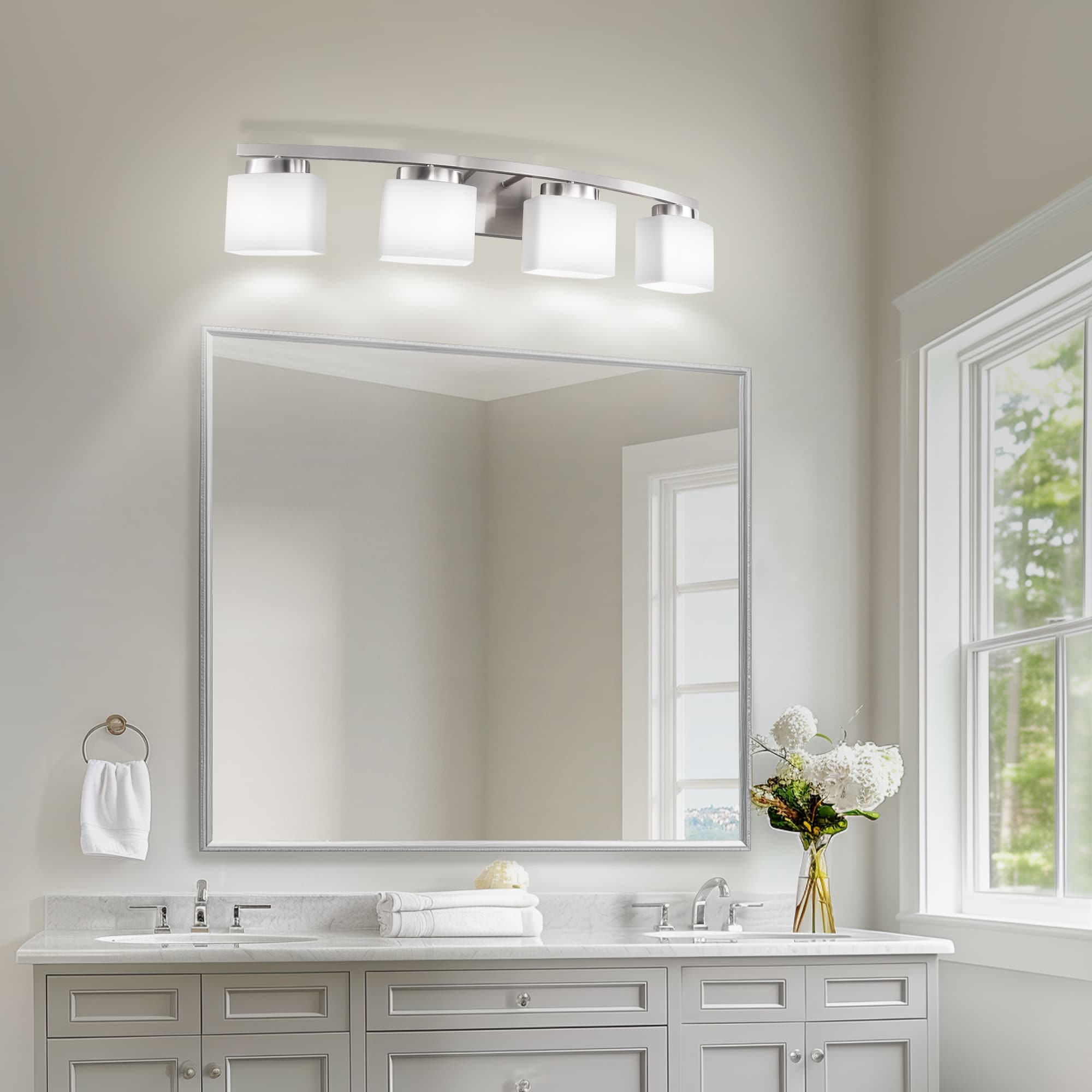 YANSUN E26 4-Light Sleek Nickel Curved Vanity Light with Frosted