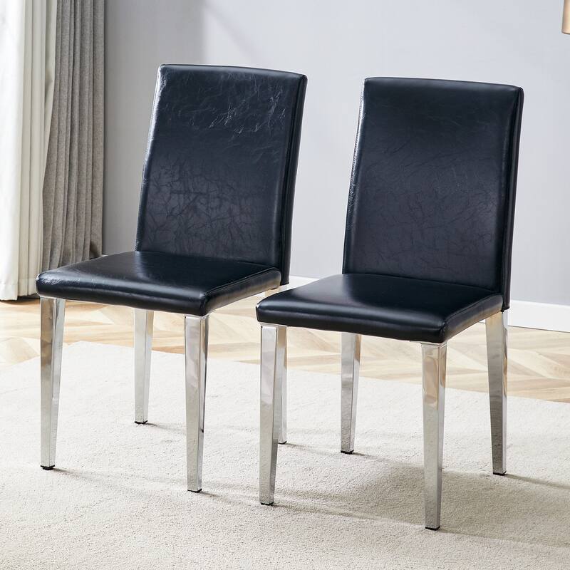 Simple 2 Piece PU Dining Chair with Cushions, Metal Legs, Non Slip Pads for Dining Room Kitchen Bedroom Living Room - Multi