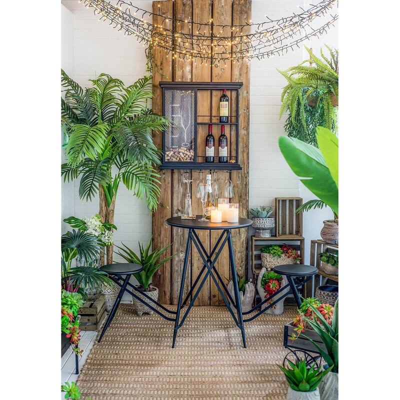 Black Foldable Side Table and Stool Set with Shelves