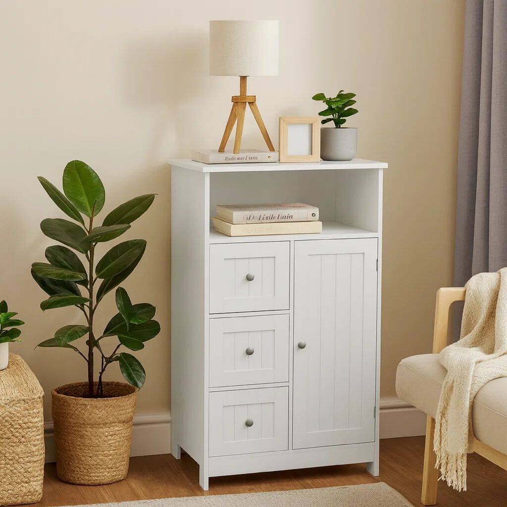 39 Inch Storage Cabinet with 3 Drawers, 1 Open Shelf, Crisp White Finish
