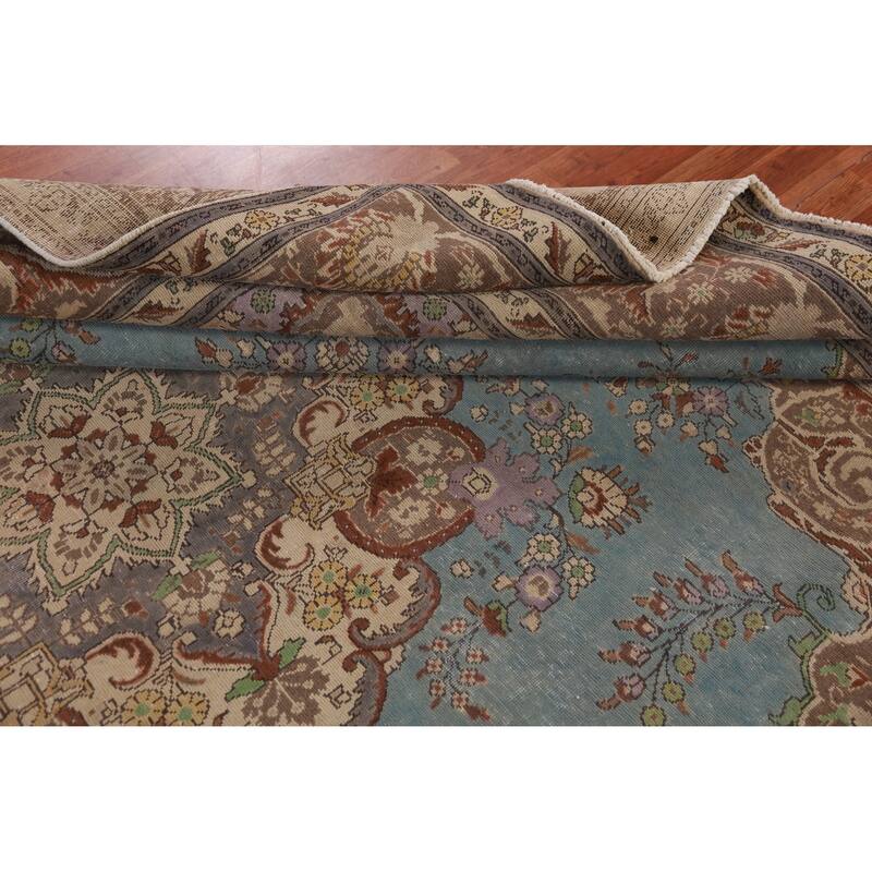 Blue Tabriz Persian Vintage Area Rug Handmade Wool Carpet - 9'6" x 12'8"