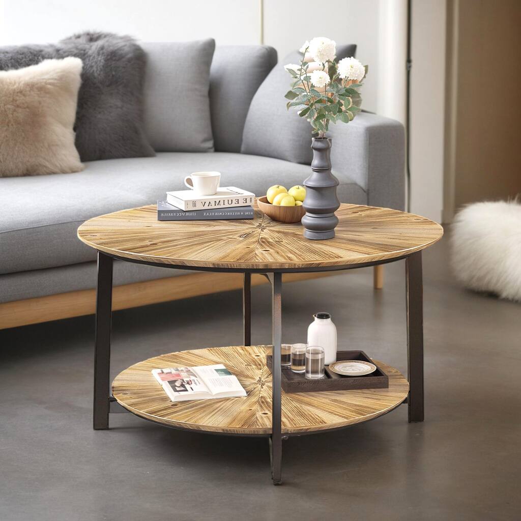 Retro Round Wood Coffee Table Farmhouse Cocktail Center Table Rustic 2-Tier Coffee Table with Solid Wood Splicing Table 31.5"