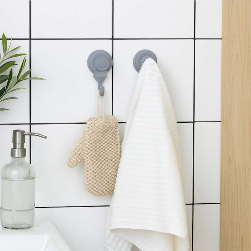 Suction Cup Hooks Shower-Kitchen Walls Organizer Loofah Set of 2 - Grey