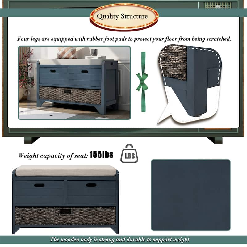 Storage Bench with Removable Basket and 2 Drawers, Removable Cushion