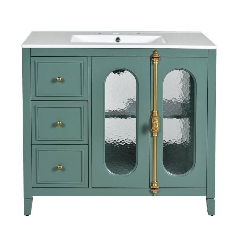 36" Single Sink Bathroom Vanity, Translucent Patterned Glass Doors Bathroom Storage Cabinet with 3 Drawers