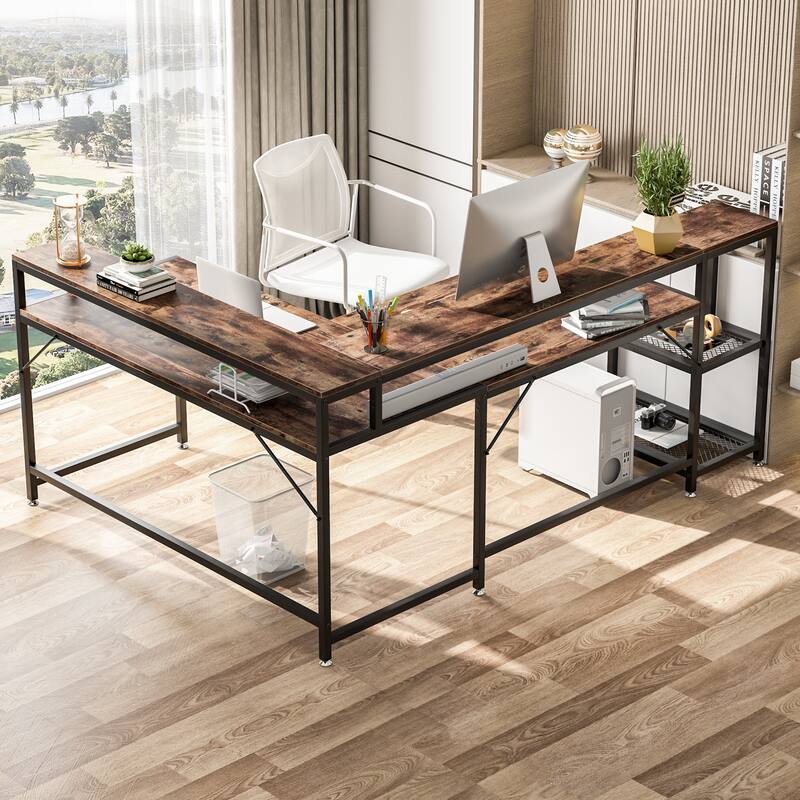 69" L Shaped Desk with Monitor Shelf, Reversible Corner Computer Desk for Office Home