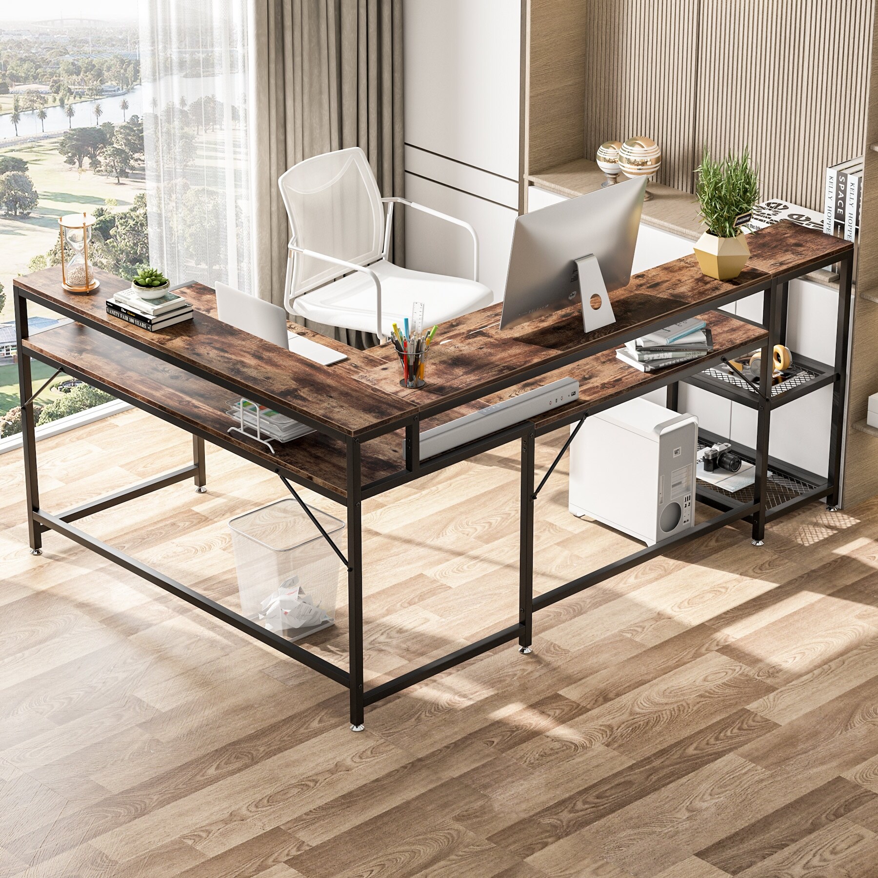 L shaped desk with raised monitor shelf discount