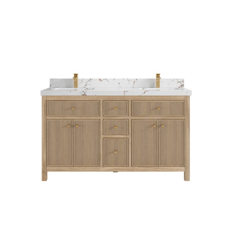 Willow Collections 60 in. W x 22 in. D Sonoma Teak Double Sink Bathroom Vanity with Countertop - 2" Viola Brown - Light Graywashed