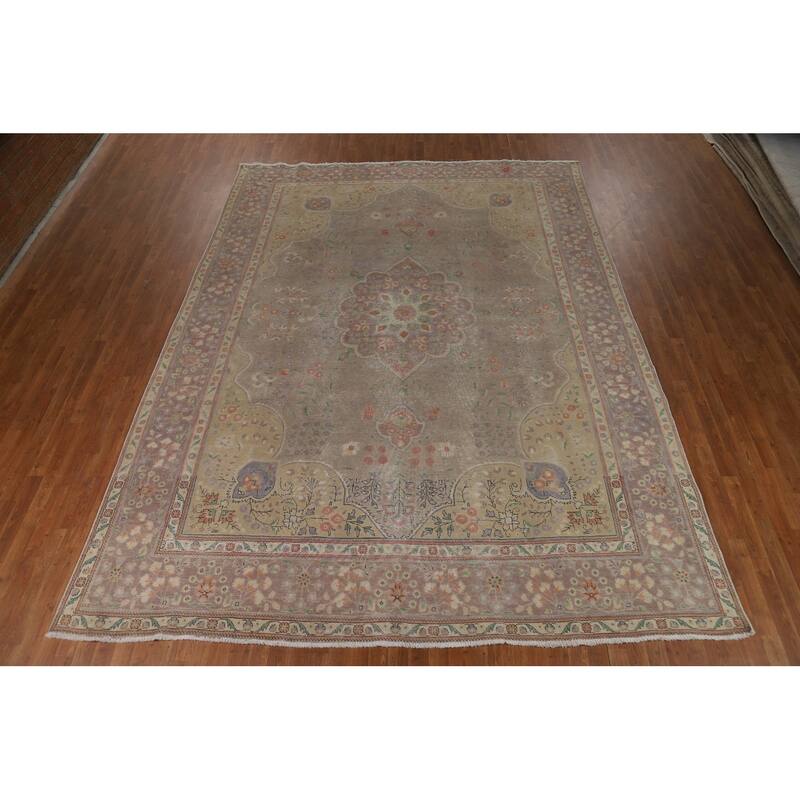 Distressed Brown Tabriz Persian Area Rug Hand-Knotted Wool Carpet - 9'8"x 12'11"