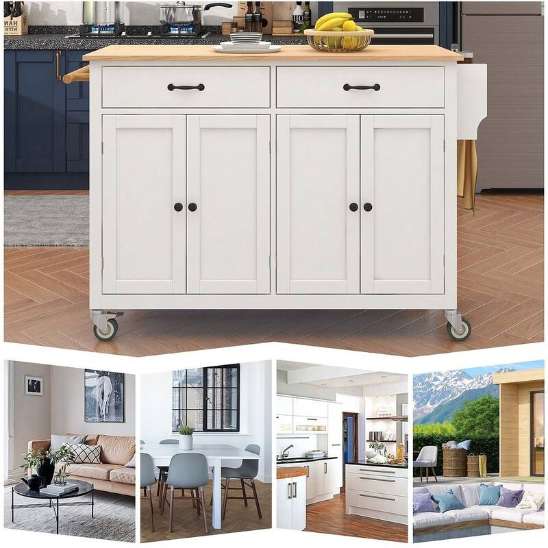 Kitchen Island Cart with Solid Wood Top, Locking Wheels, Spice & Towel Rack