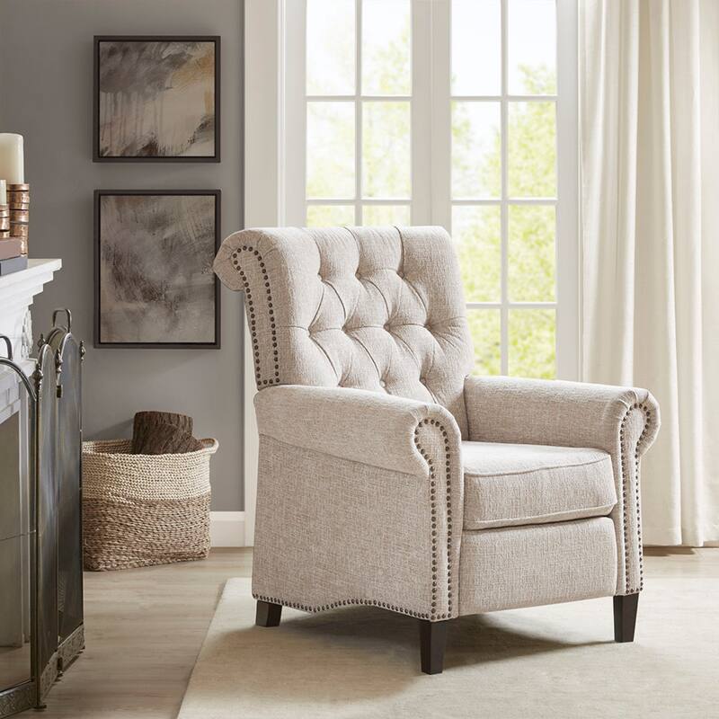 Roomfitters Push Back Recliner Chair, Upholstered Manual Reclining Armchair with Tufted Back and Nailhead Trim, Cream