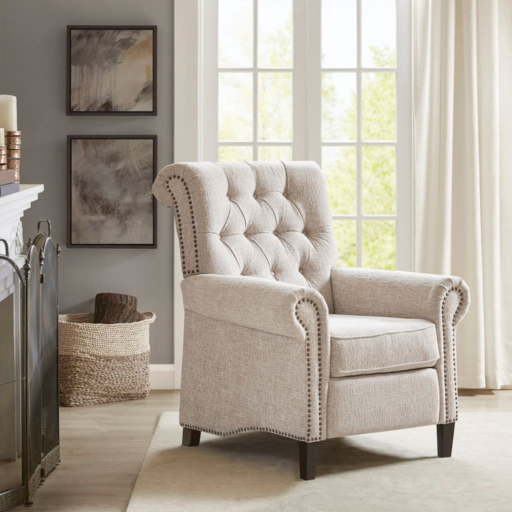 Roomfitters Push Back Recliner Chair, Upholstered Manual Reclining Armchair with Tufted Back and Nailhead Trim, Cream