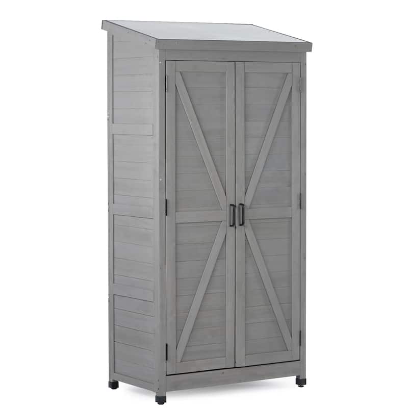 68 Inch Outdoor Potting Bench and Storage Cabinet Cedar Wood with Metal Top Gray for Garden and Patio - 33.50" x 20.50" x 68.50" - Grey