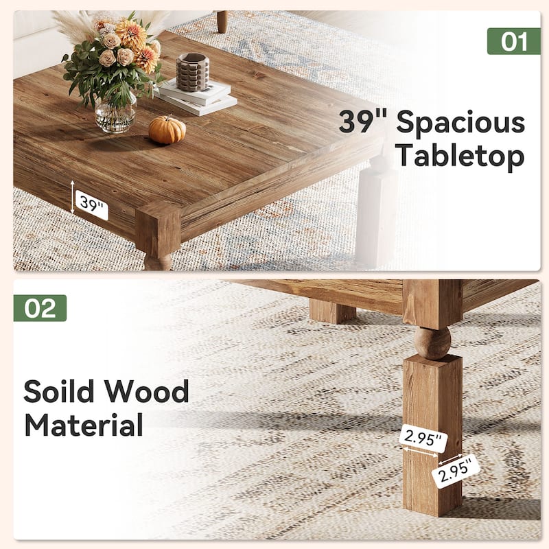 Rustic Square Wood Coffee Table, 39-Inch Farmhouse Coffee Table