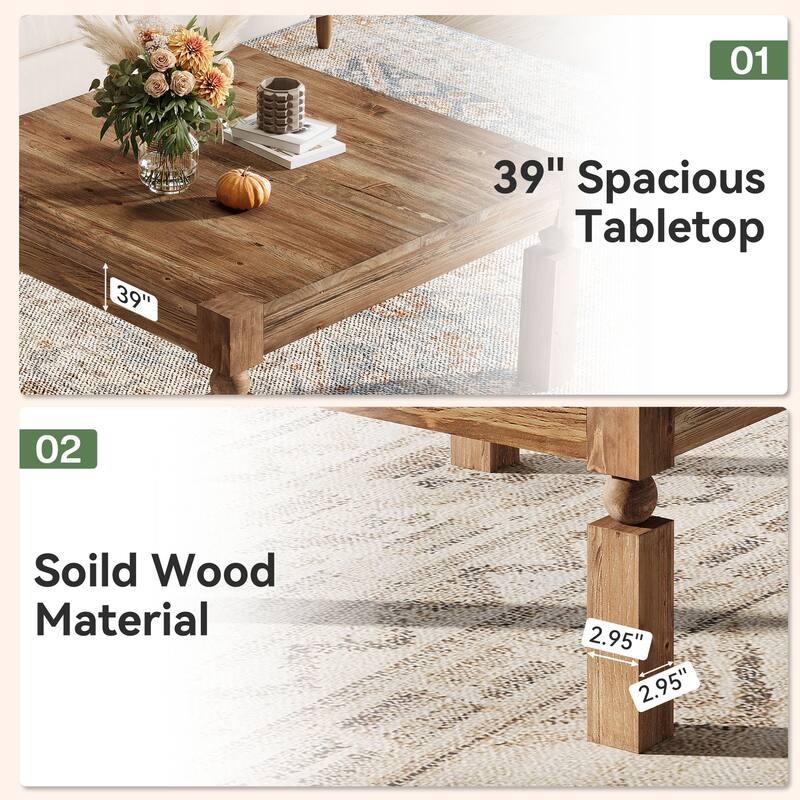 Square Solid Wood Coffee Table, Sturdy Legs Living Room Center Cocktail Accent Table