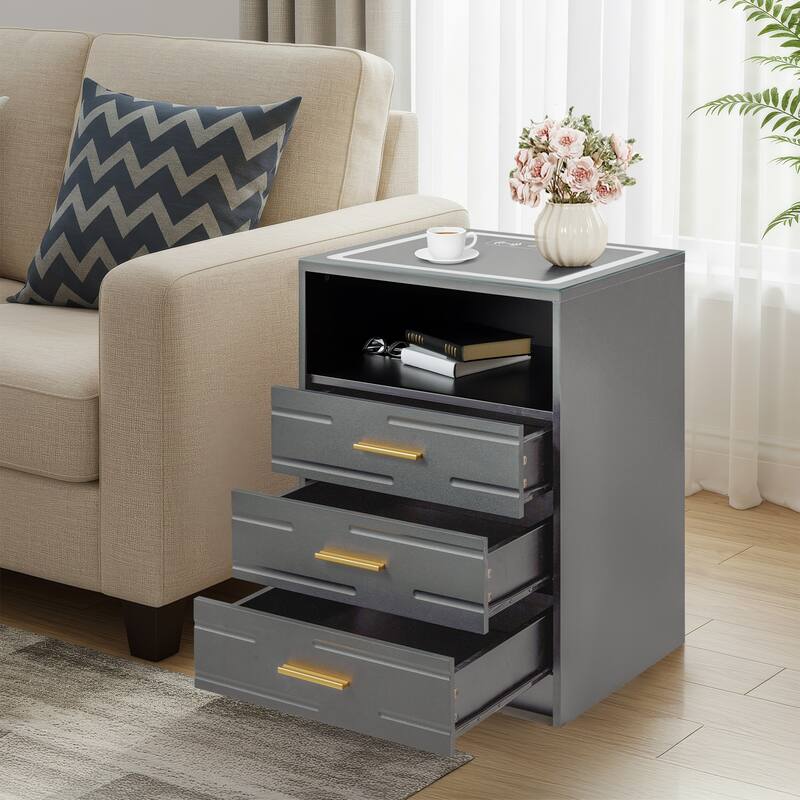 EROMMY Smart Nightstand with Wireless Charging, USB Ports, and Adjustable LED Lighting – Modern Bedside Table with 3 Drawers