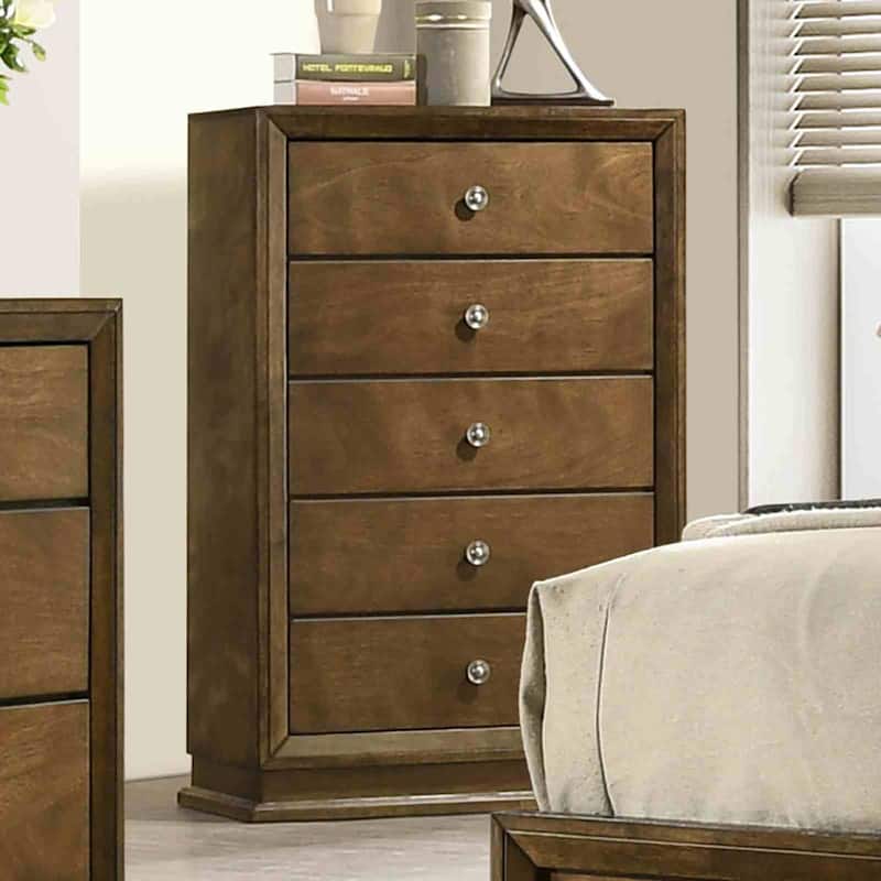 Walnut Finish Transitional Bedroom Furniture Set Bed Nightstand Dresser Mirror Chest