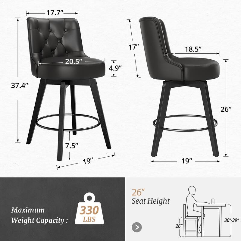 26" Counter Height Swivel Bar Stools with Solid Wood Frame Set of 2 - 26" H