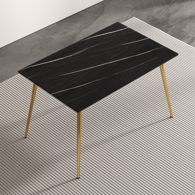 51" Tempered Glass Dining Table, Rectangular Living Room Table with Faux marble Tabletop and Metal Legs and Non-Slip Feet