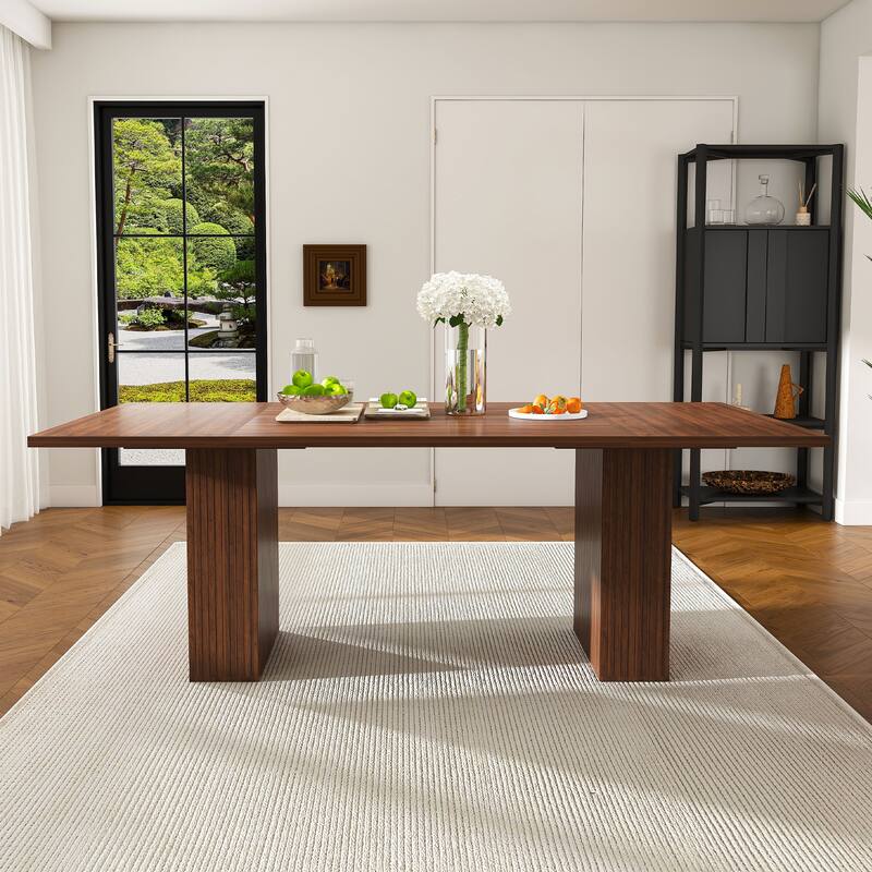 Rossetta 78'' Rectangular Natural Wood Veneer Modern Rustic Dining Table with Built-In Storage Base System - Walnut
