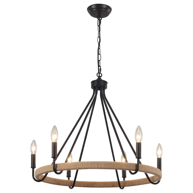 6-Light Candlestick Wagon Wheel Chandelier Hemp Rope Linear Chandelier Lighting Fixture for Kitchen Island