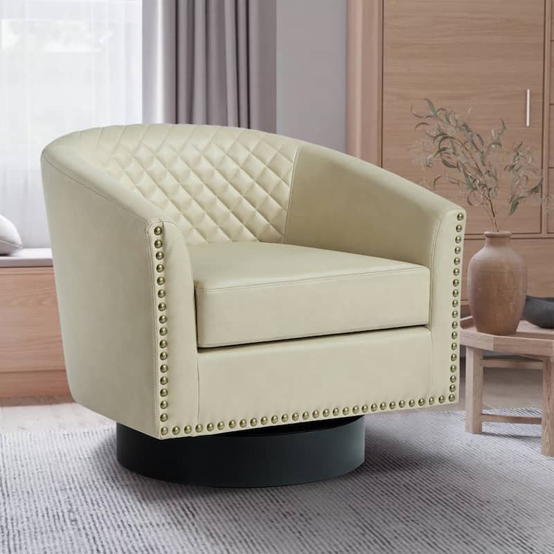 Tufted PU Vegan Leather Swivel Barrel Chair with Nailheads Trim - Beige