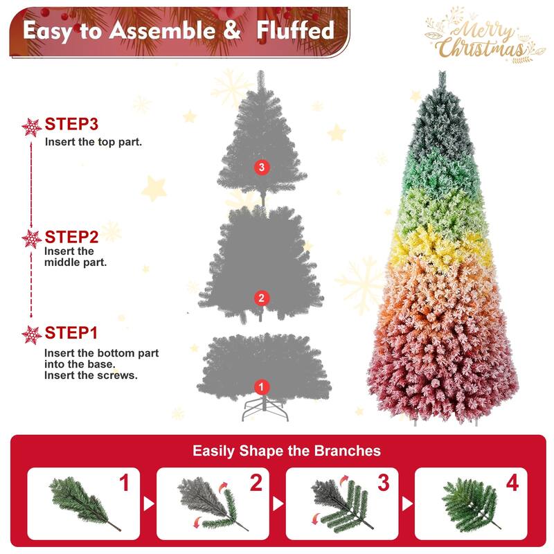 7.5ft Rainbow Gradient Flocked Christmas Tree with 1927 Tips, Artificial Pine with Snowy Finish, Hinged Design and Metal Stand