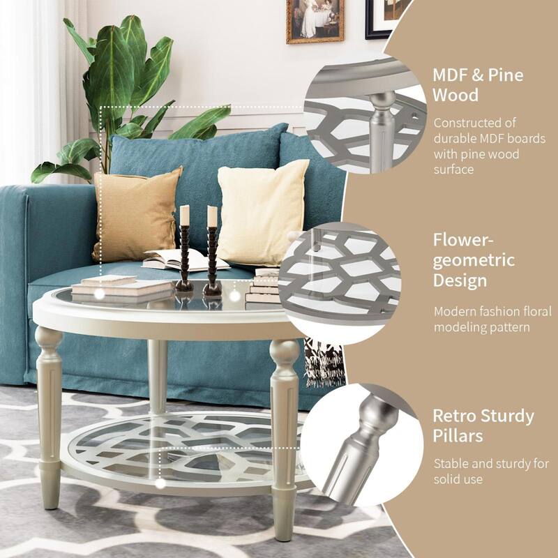 SUNBURY Silver Solid Wood Tempered Glass Coffee Table,Console Table