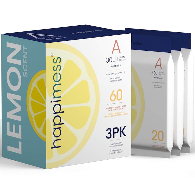happimess 8-Gallon (30L) Drawstring Trash Can Liner, Clear (60-Count, 3-Packs of 20 Liners) - White - Lemon - 8 Gal