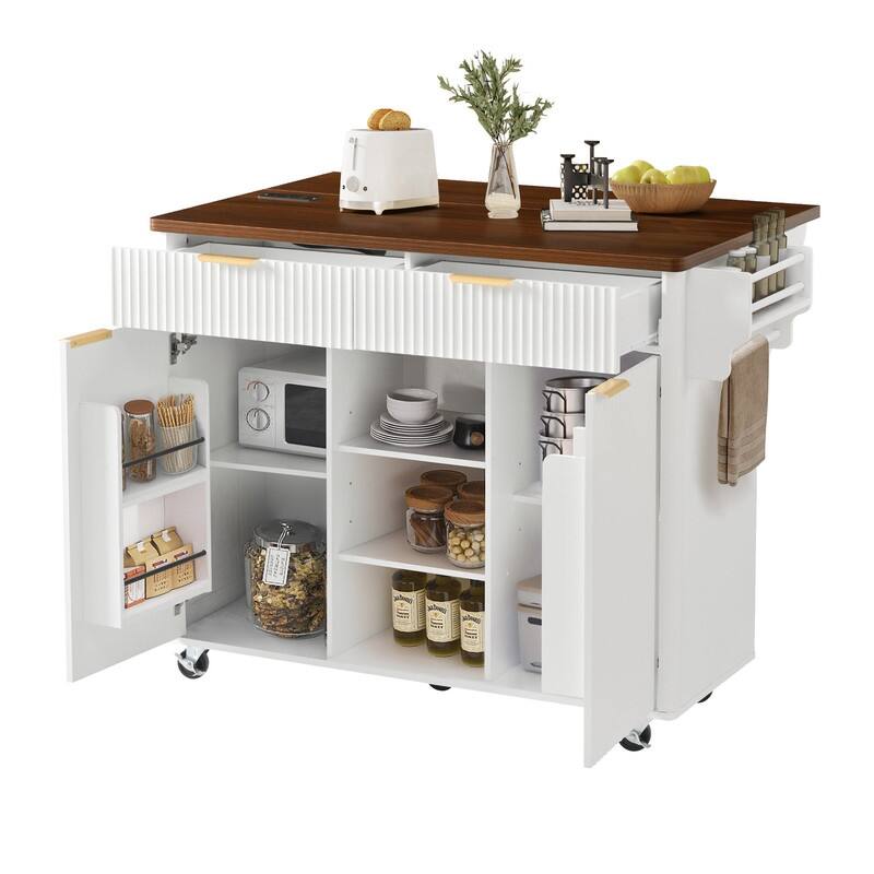 Fluted 52" Kitchen Island Cart with Drop Leaf, Power Outlet, Rolling Island Table with Adjustable Shelves for Versatile Storage
